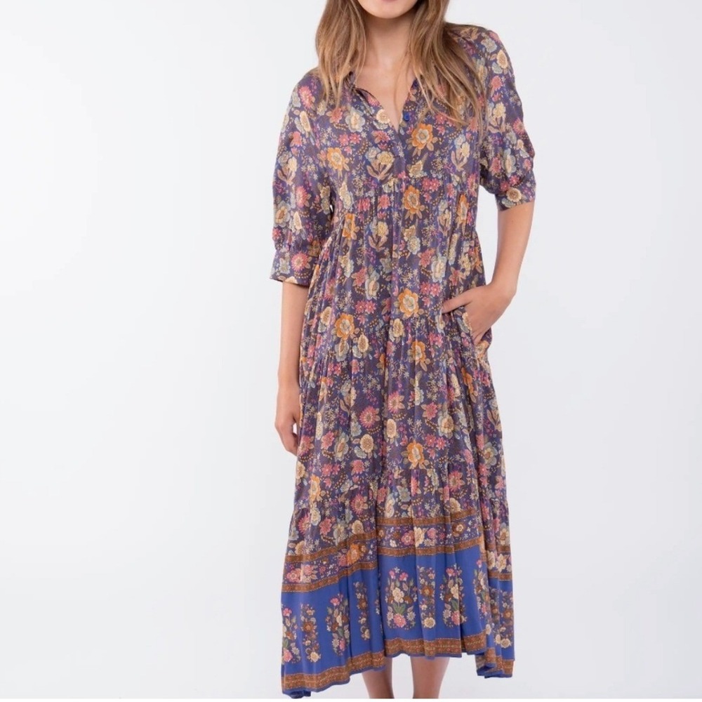 Natural Life Rebecca Boho Floral Tiered Midi Dress Size XS Blue Beachy Peasant